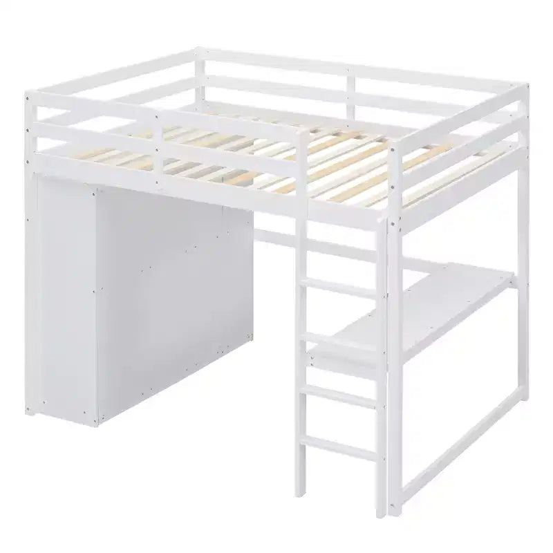 Full Size Loft Bed with Wardrobe and Desk, Wood Loft Bed Frame with Storage Shelves and Drawers for Kids Teens Adults