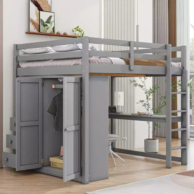 Full Size Loft Bed with Wardrobe and Desk, Wood Loft Bed Frame with Storage Shelves and Drawers for Kids Teens Adults