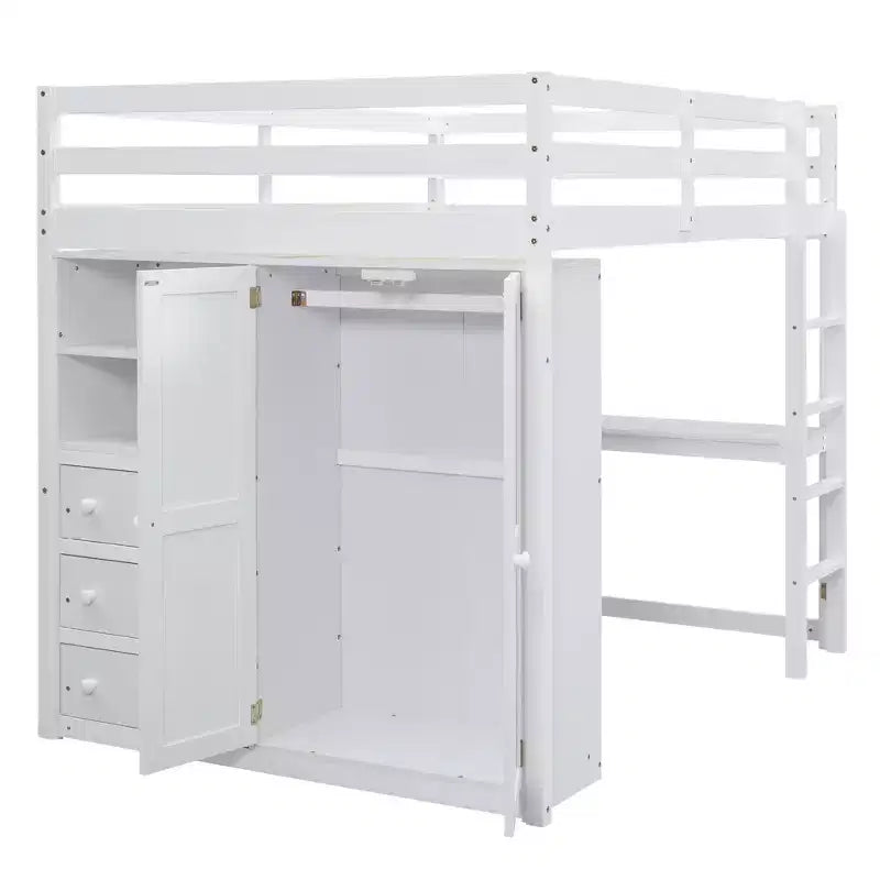 Full Size Loft Bed with Wardrobe and Desk, Wood Loft Bed Frame with Storage Shelves and Drawers for Kids Teens Adults