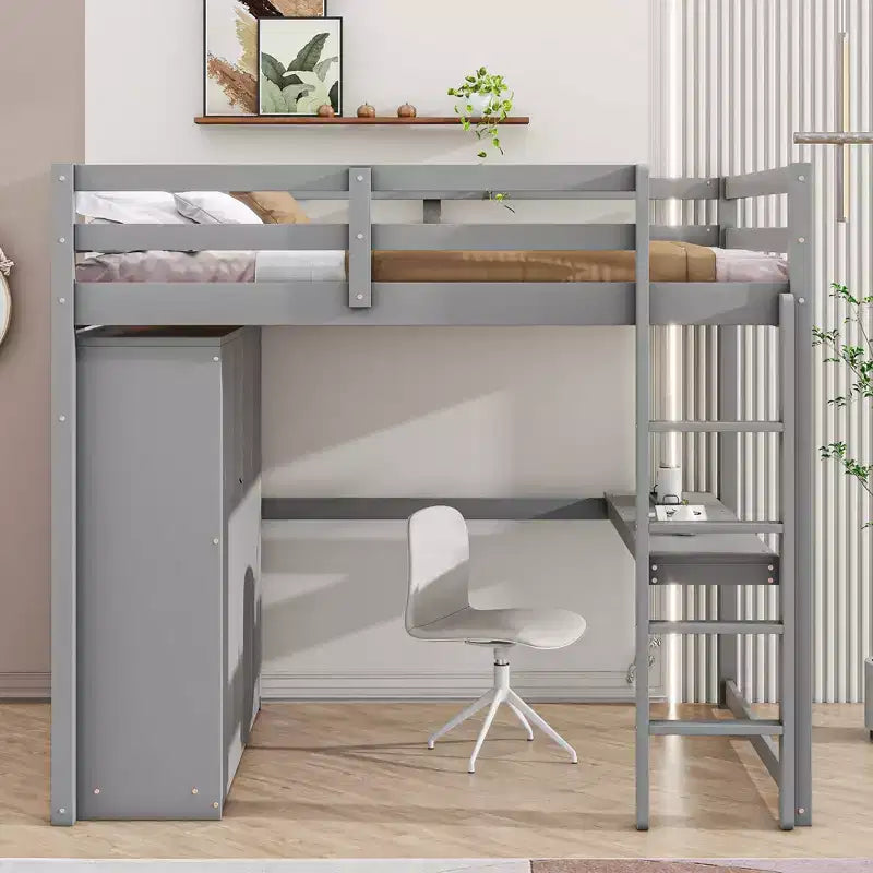 Full Size Loft Bed with Wardrobe and Desk, Wood Loft Bed Frame with Storage Shelves and Drawers for Kids Teens Adults