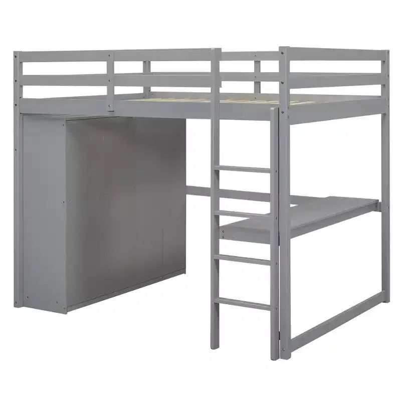 Full Size Loft Bed with Wardrobe and Desk, Wood Loft Bed Frame with Storage Shelves and Drawers for Kids Teens Adults
