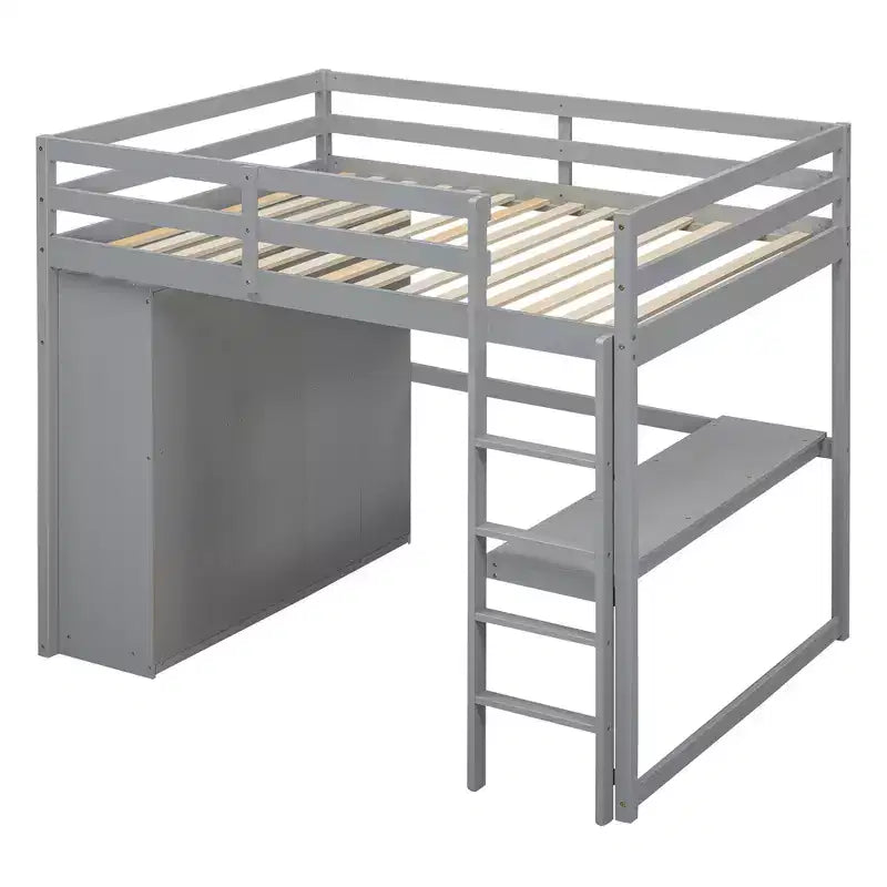 Full Size Loft Bed with Wardrobe and Desk, Wood Loft Bed Frame with Storage Shelves and Drawers for Kids Teens Adults