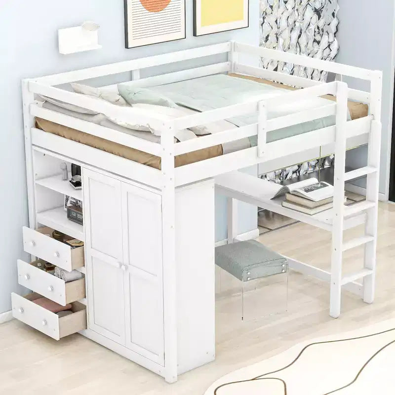 Full Size Loft Bed with Wardrobe and Desk, Wood Loft Bed Frame with Storage Shelves and Drawers for Kids Teens Adults