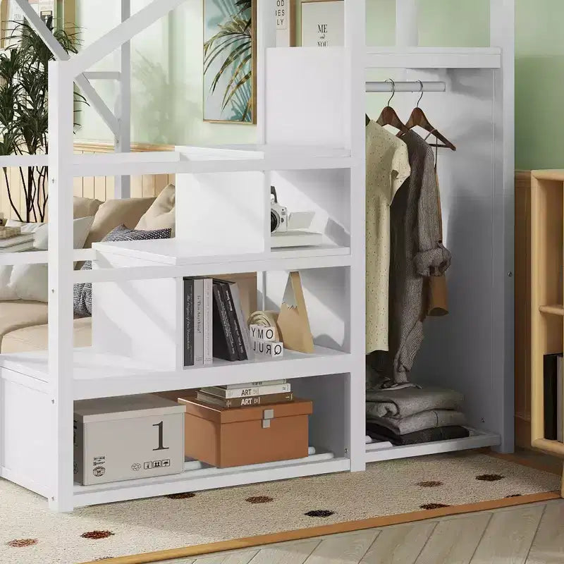White Metal Full Size Loft Bed with Stairs Storage Shelves and High Loft Bed with Wardrobe for Kids Teens