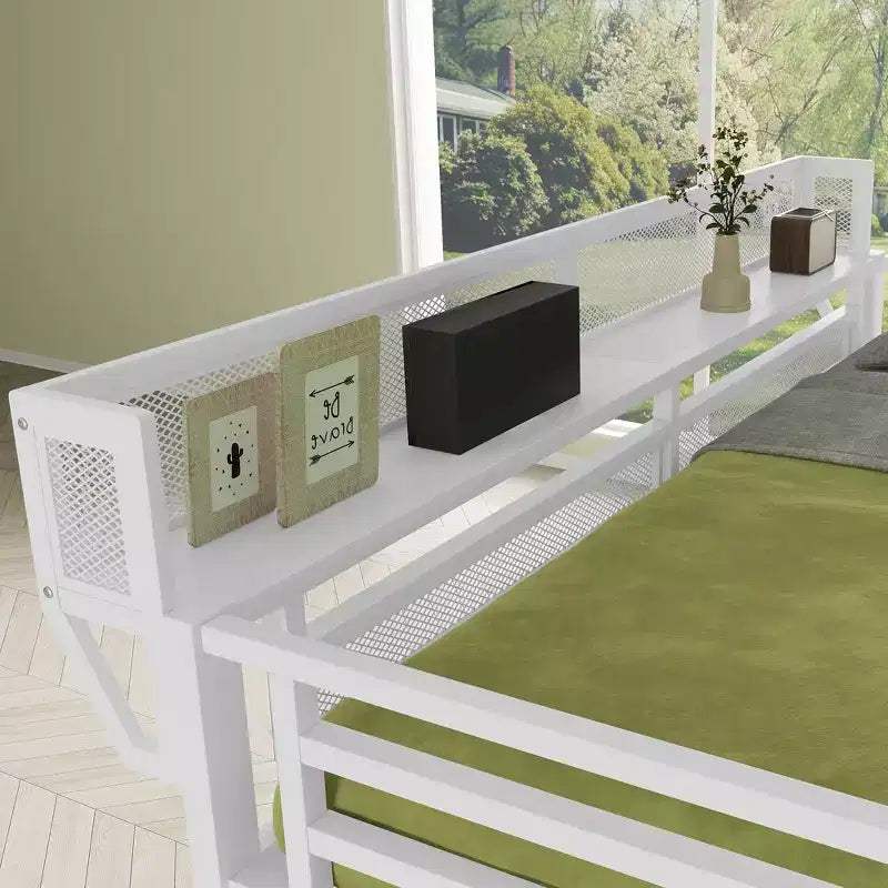 White Metal Full Size Loft Bed with Stairs Storage Shelves and High Loft Bed with Wardrobe for Kids Teens