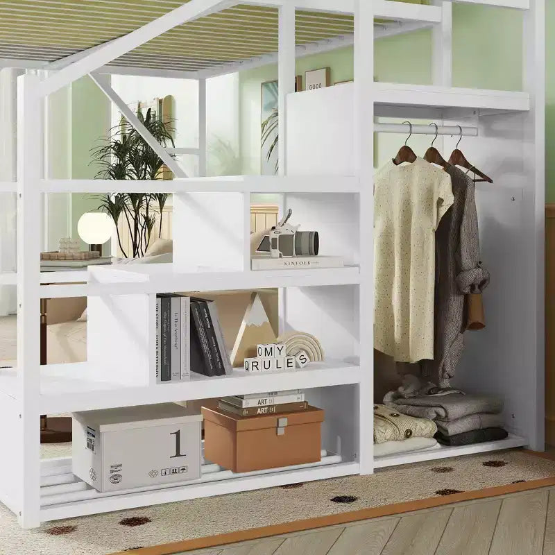 White Metal Full Size Loft Bed with Stairs Storage Shelves and High Loft Bed with Wardrobe for Kids Teens