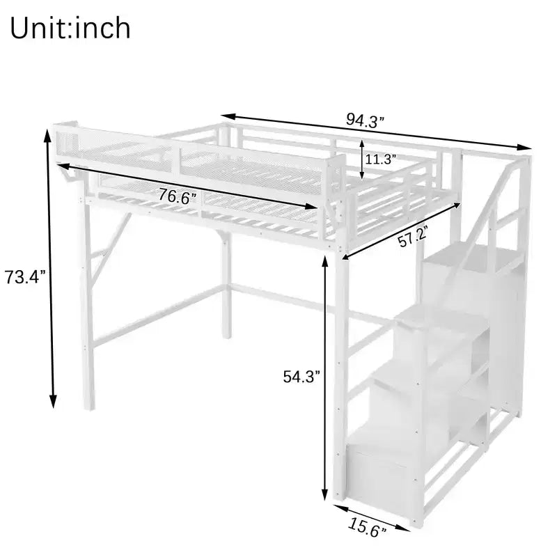 White Metal Full Size Loft Bed with Stairs Storage Shelves and High Loft Bed with Wardrobe for Kids Teens
