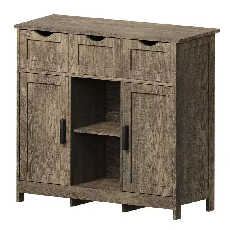 Okak Versatile Bathroom Storage Cabinet,Bedroom & Living Room, Floor Cabinet with 3 Drawers, 2 Cubbies & 3 Doors, Accent Cabinet