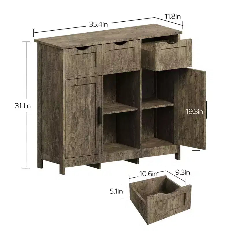 Okak Versatile Bathroom Storage Cabinet,Bedroom & Living Room, Floor Cabinet with 3 Drawers, 2 Cubbies & 3 Doors, Accent Cabinet