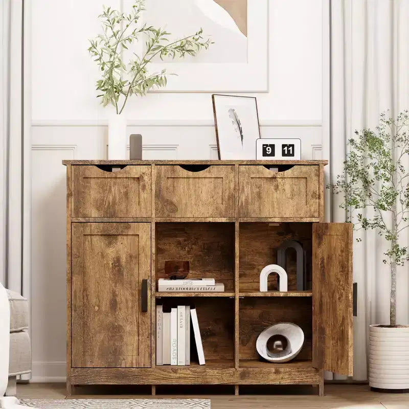 Okak Versatile Bathroom Storage Cabinet,Bedroom & Living Room, Floor Cabinet with 3 Drawers, 2 Cubbies & 3 Doors, Accent Cabinet