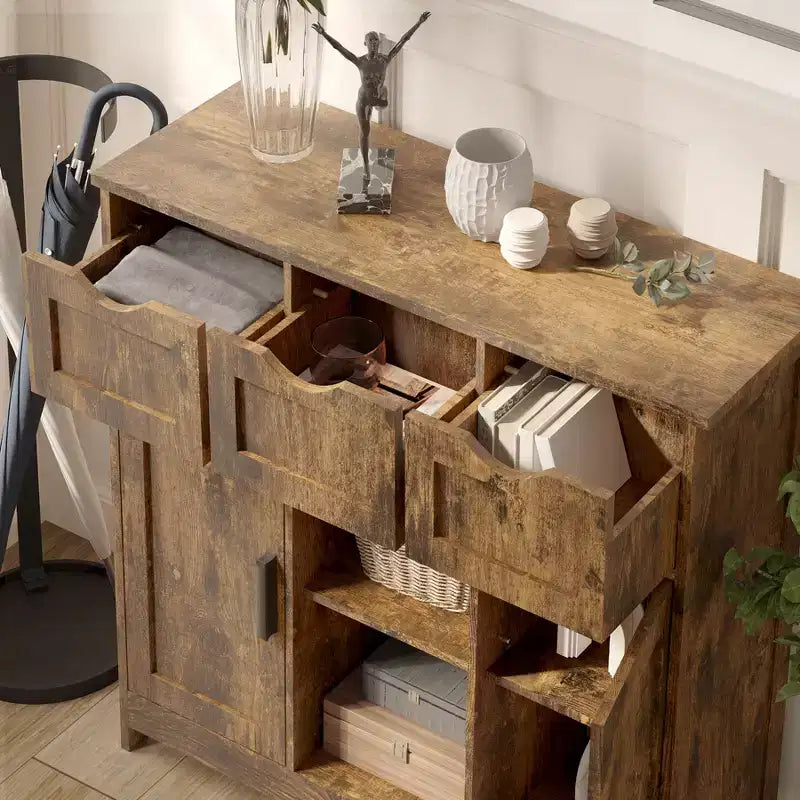 Okak Versatile Bathroom Storage Cabinet,Bedroom & Living Room, Floor Cabinet with 3 Drawers, 2 Cubbies & 3 Doors, Accent Cabinet