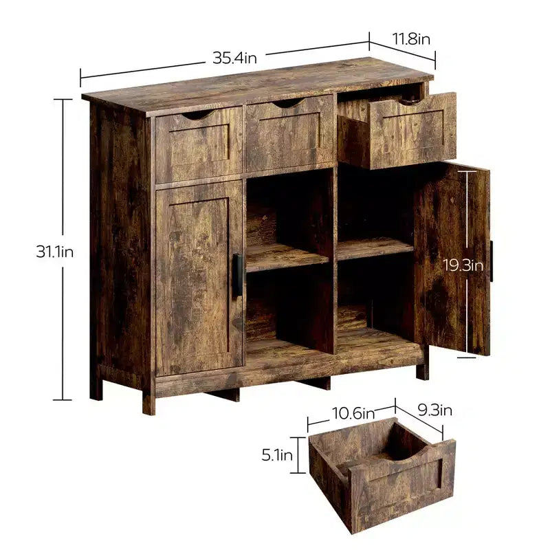 Okak Versatile Bathroom Storage Cabinet,Bedroom & Living Room, Floor Cabinet with 3 Drawers, 2 Cubbies & 3 Doors, Accent Cabinet