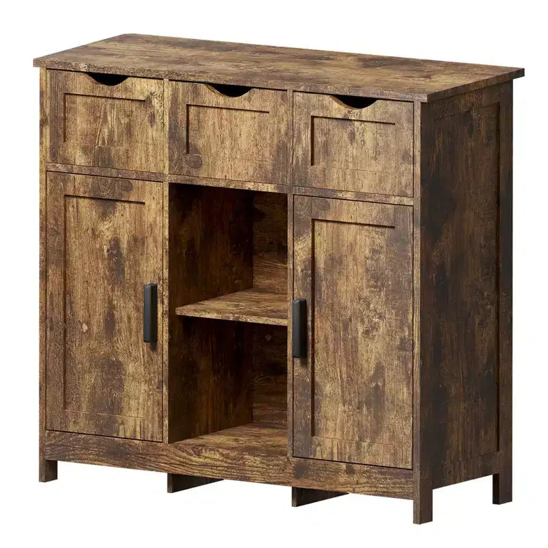Okak Versatile Bathroom Storage Cabinet,Bedroom & Living Room, Floor Cabinet with 3 Drawers, 2 Cubbies & 3 Doors, Accent Cabinet