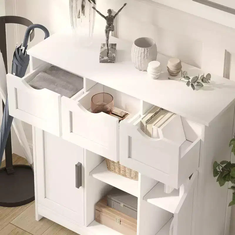 Okak Versatile Bathroom Storage Cabinet,Bedroom & Living Room, Floor Cabinet with 3 Drawers, 2 Cubbies & 3 Doors, Accent Cabinet