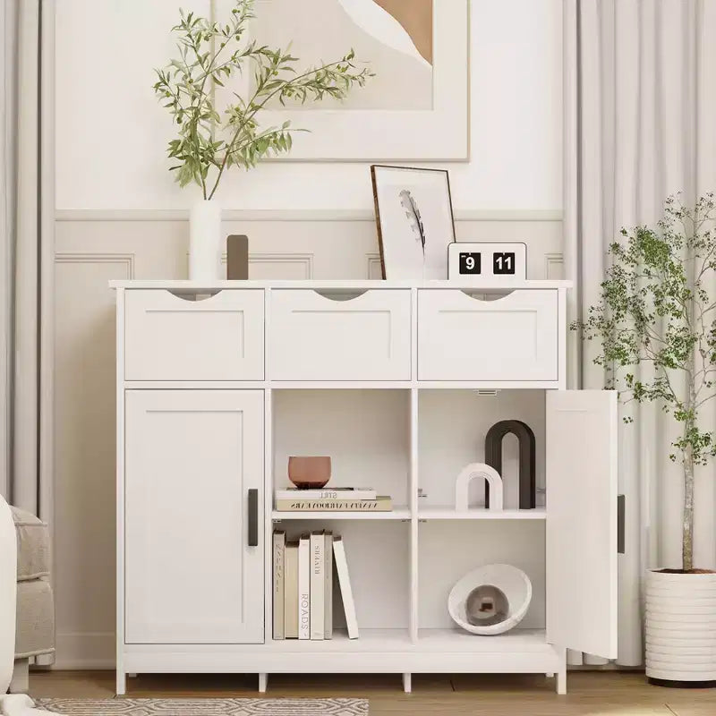 Okak Versatile Bathroom Storage Cabinet,Bedroom & Living Room, Floor Cabinet with 3 Drawers, 2 Cubbies & 3 Doors, Accent Cabinet