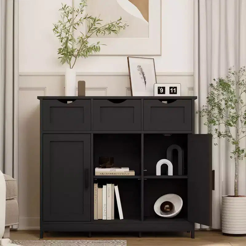 Okak Versatile Bathroom Storage Cabinet,Bedroom & Living Room, Floor Cabinet with 3 Drawers, 2 Cubbies & 3 Doors, Accent Cabinet