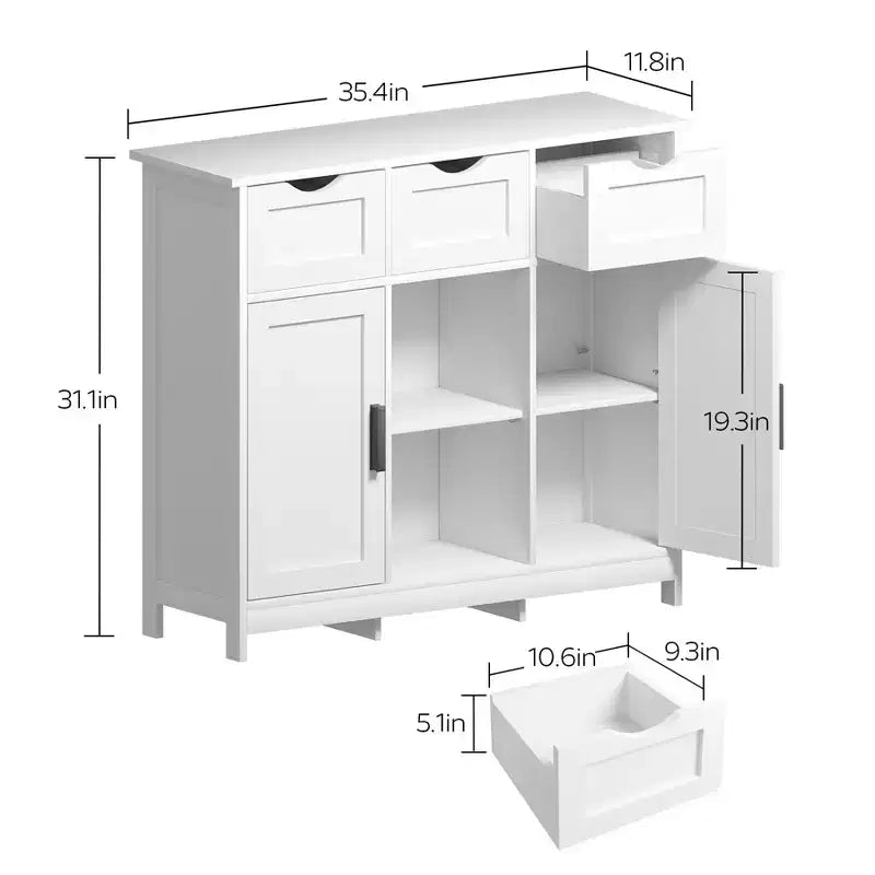 Okak Versatile Bathroom Storage Cabinet,Bedroom & Living Room, Floor Cabinet with 3 Drawers, 2 Cubbies & 3 Doors, Accent Cabinet