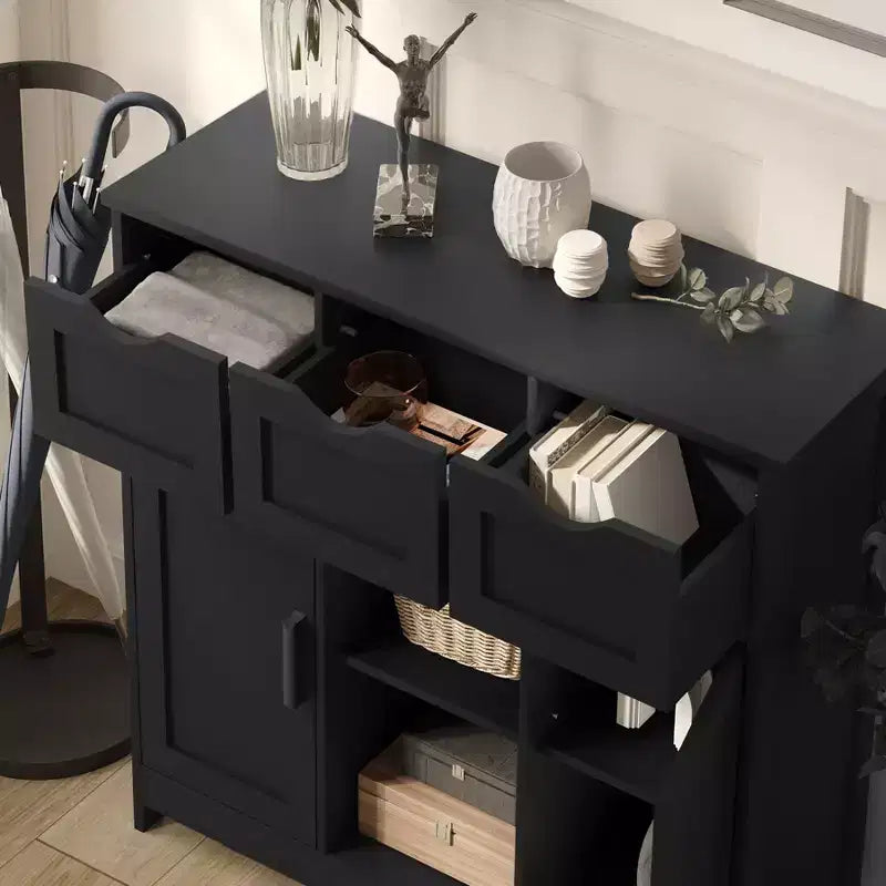 Okak Versatile Bathroom Storage Cabinet,Bedroom & Living Room, Floor Cabinet with 3 Drawers, 2 Cubbies & 3 Doors, Accent Cabinet