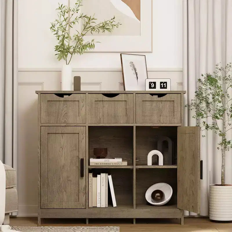 Okak Versatile Bathroom Storage Cabinet,Bedroom & Living Room, Floor Cabinet with 3 Drawers, 2 Cubbies & 3 Doors, Accent Cabinet