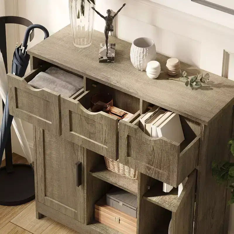 Okak Versatile Bathroom Storage Cabinet,Bedroom & Living Room, Floor Cabinet with 3 Drawers, 2 Cubbies & 3 Doors, Accent Cabinet