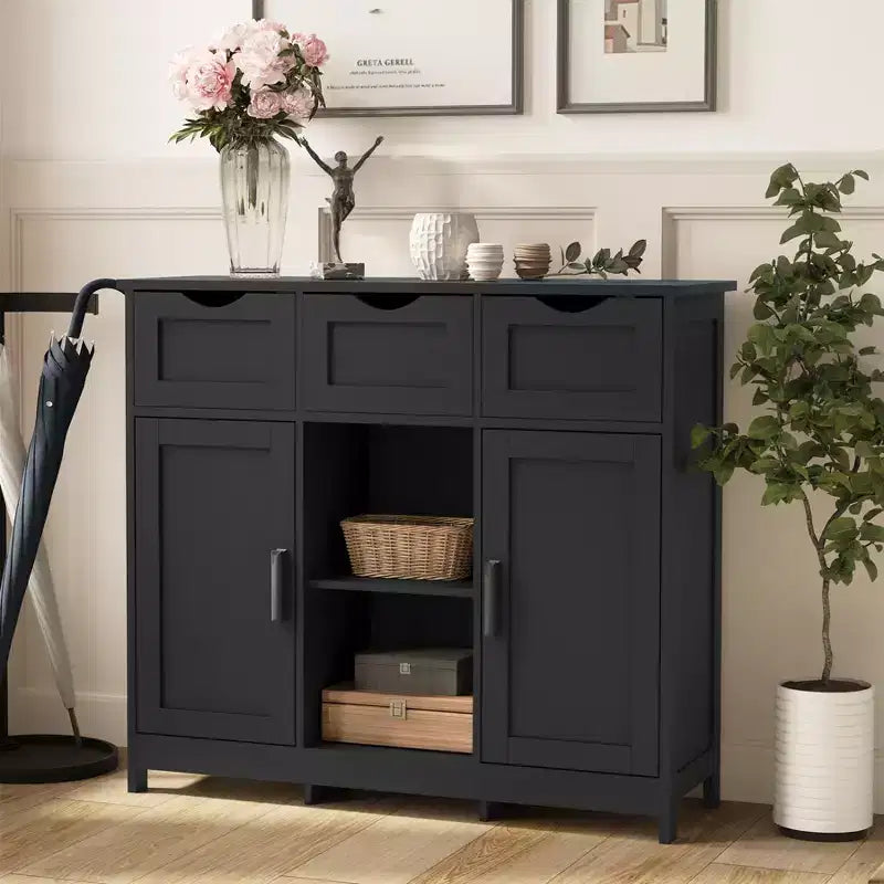 Okak Versatile Bathroom Storage Cabinet,Bedroom & Living Room, Floor Cabinet with 3 Drawers, 2 Cubbies & 3 Doors, Accent Cabinet
