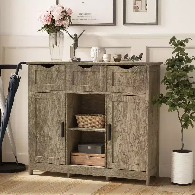 Okak Versatile Bathroom Storage Cabinet,Bedroom & Living Room, Floor Cabinet with 3 Drawers, 2 Cubbies & 3 Doors, Accent Cabinet