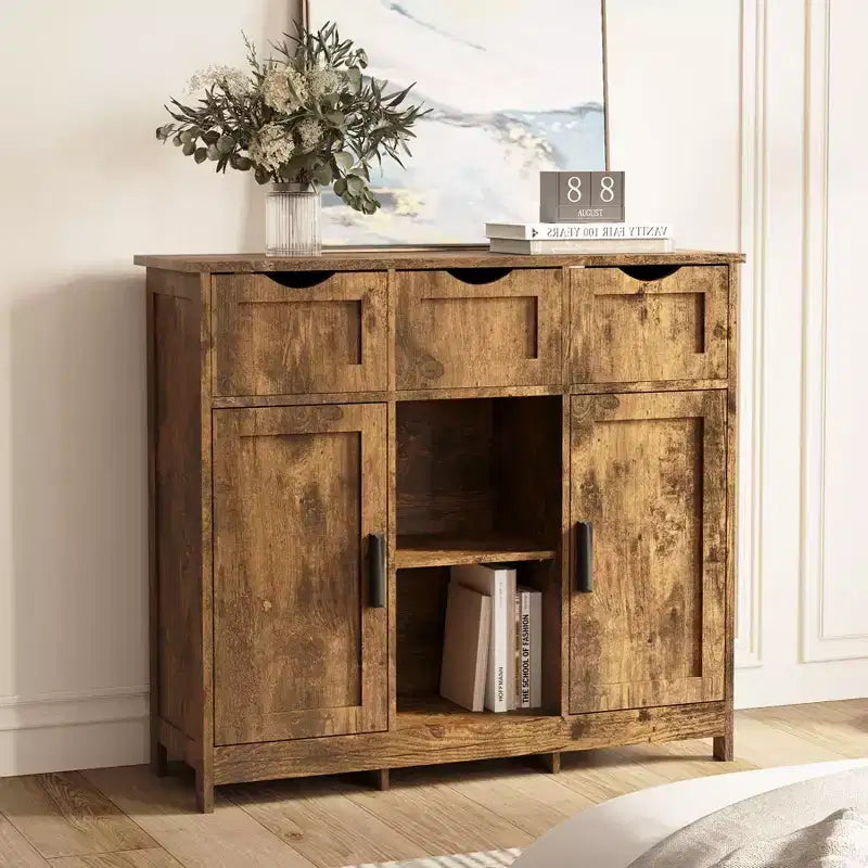 Okak Versatile Bathroom Storage Cabinet,Bedroom & Living Room, Floor Cabinet with 3 Drawers, 2 Cubbies & 3 Doors, Accent Cabinet