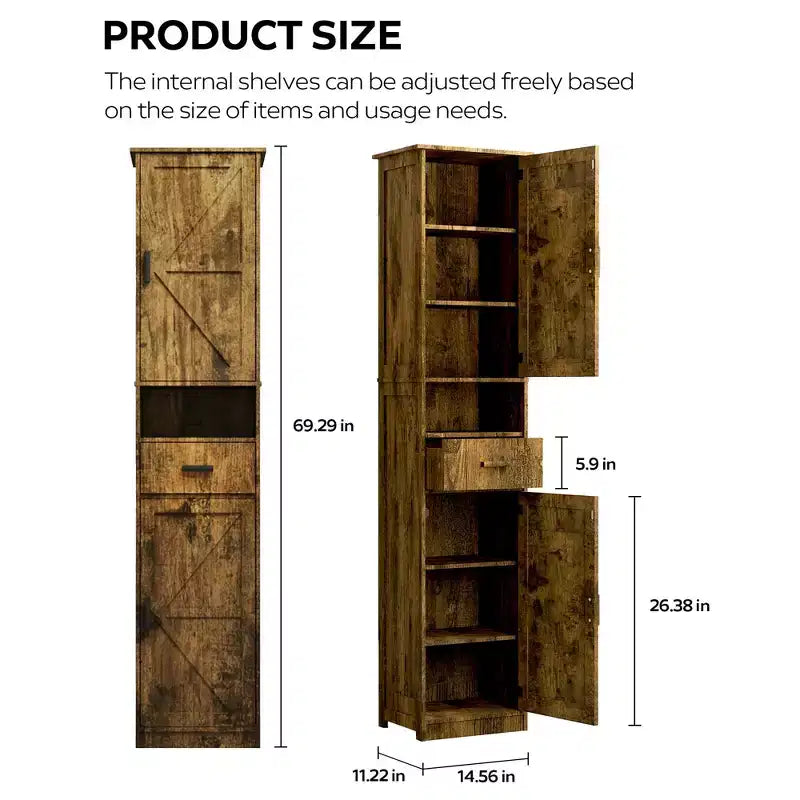 Okak Tall Bathroom Storage Cabinet, 69 Freestanding Cabinet with Adjustable Shelves, Doors & Anti-Tipping Device for Kitchen & Living Room
