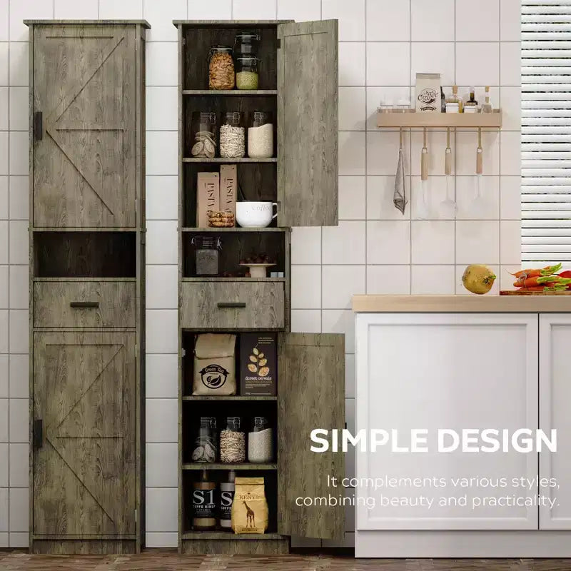 Okak Tall Bathroom Storage Cabinet, 69 Freestanding Cabinet with Adjustable Shelves, Doors & Anti-Tipping Device for Kitchen & Living Room