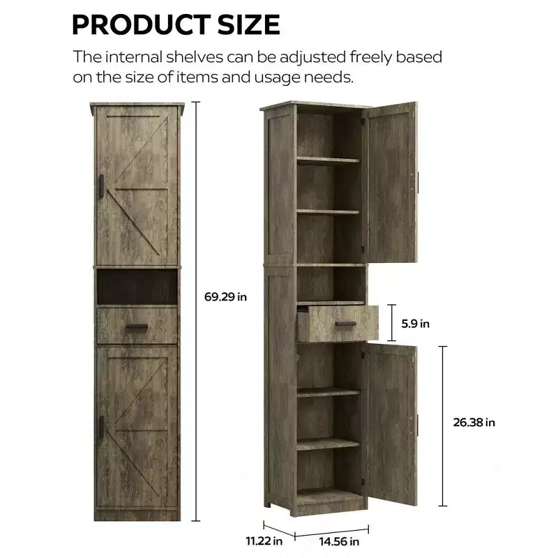 Okak Tall Bathroom Storage Cabinet, 69 Freestanding Cabinet with Adjustable Shelves, Doors & Anti-Tipping Device for Kitchen & Living Room