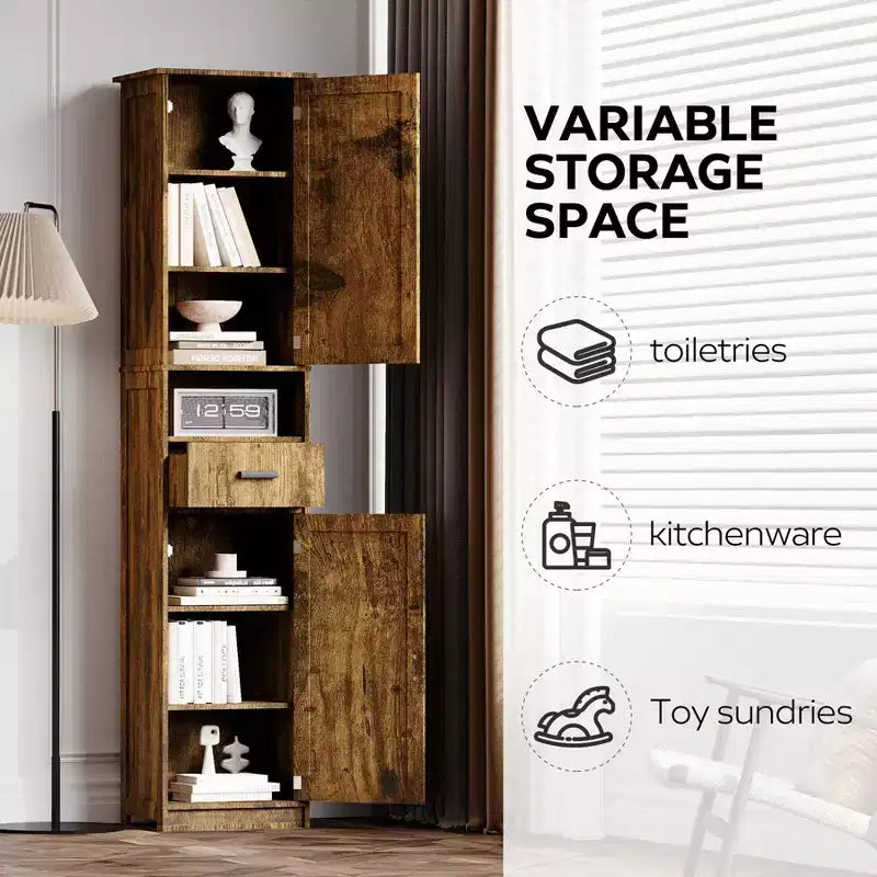 Okak Tall Bathroom Storage Cabinet, 69 Freestanding Cabinet with Adjustable Shelves, Doors & Anti-Tipping Device for Kitchen & Living Room