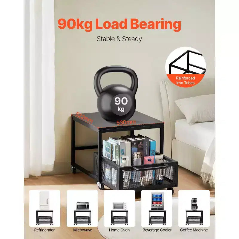 VEVOR Mini Fridge Stand with Storage, 198 lbs Mini Fridge Table with Movable Storage Cart & Swivel Wheels, Beverage Refrigerator Stand, Black