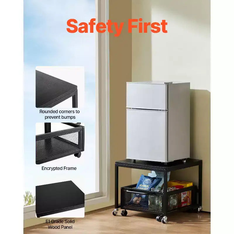 VEVOR Mini Fridge Stand with Storage, 198 lbs Mini Fridge Table with Movable Storage Cart & Swivel Wheels, Beverage Refrigerator Stand, Black