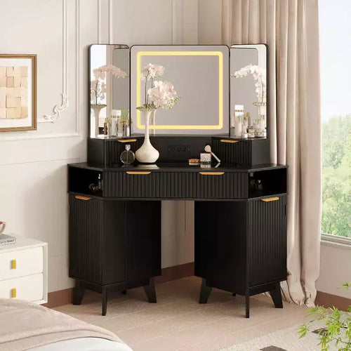 48 Corner Vanity Desk, Fluted Makeup Vanity Desk with Glass Top, for Bedroom