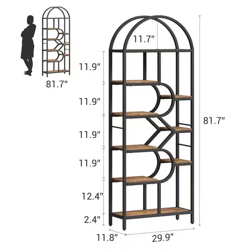 6-Tier Arched Bookshelf, 82 Tall Metal Frame Book Rack, Bookcase Display Racks with Open Storage Shelf for Bedroom, Living Room, Home Office