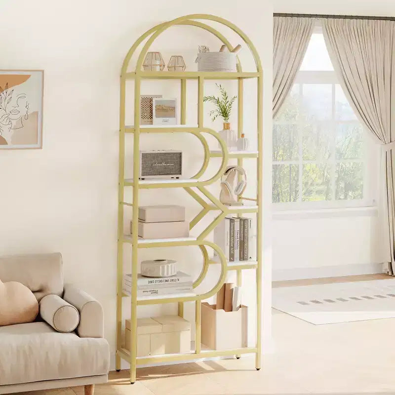6-Tier Arched Bookshelf, 82 Tall Metal Frame Book Rack, Bookcase Display Racks with Open Storage Shelf for Bedroom, Living Room, Home Office