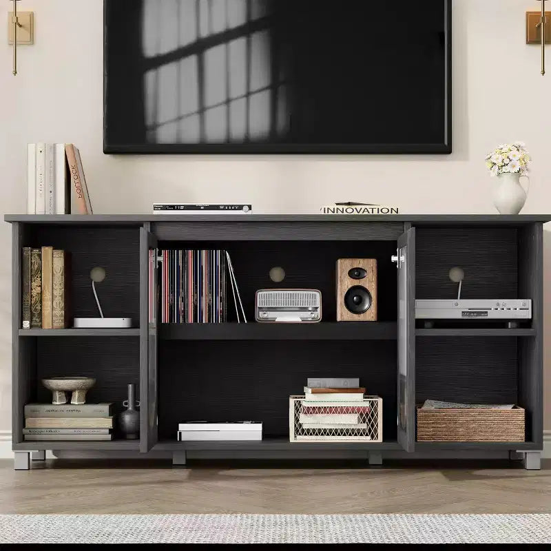 COZONY 63 Inch TV Stand Entertainment Center with Rattan Doors Adjustable Shelf Media Console Iron Feet