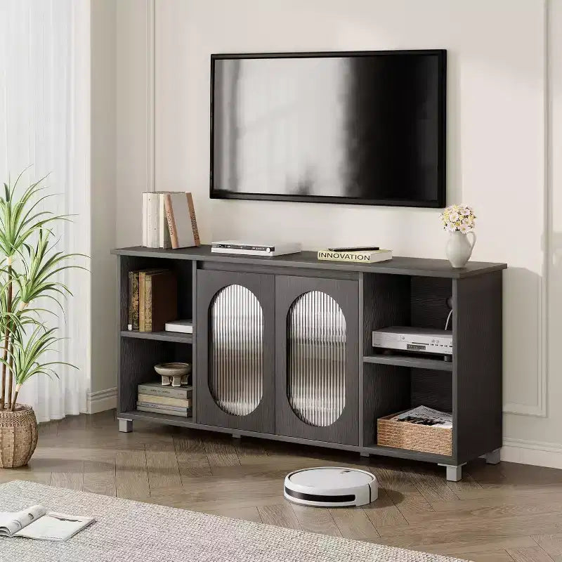 COZONY 63 Inch TV Stand Entertainment Center with Rattan Doors Adjustable Shelf Media Console Iron Feet