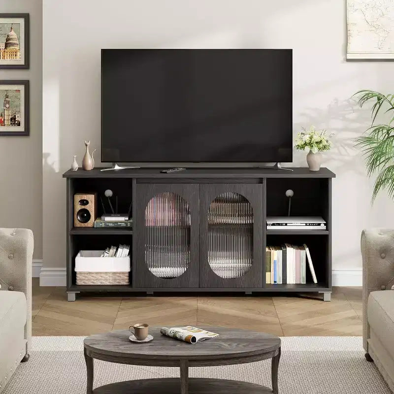 COZONY 63 Inch TV Stand Entertainment Center with Rattan Doors Adjustable Shelf Media Console Iron Feet