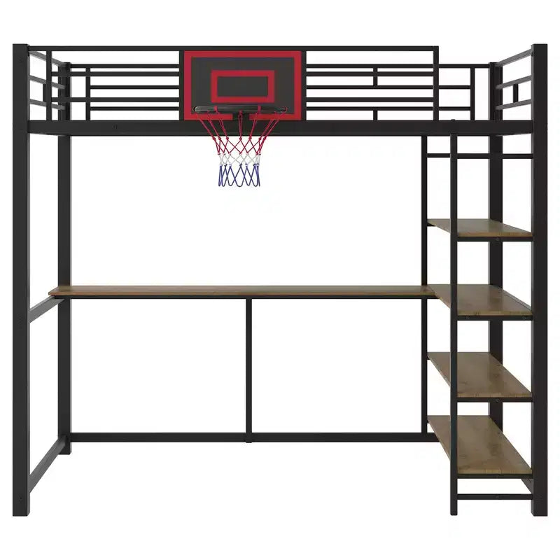 Twin Size Metal Loft Bed with Desk and Shelves, Heavy Duty Loft Bed Frame with Basketball Hoop, Black