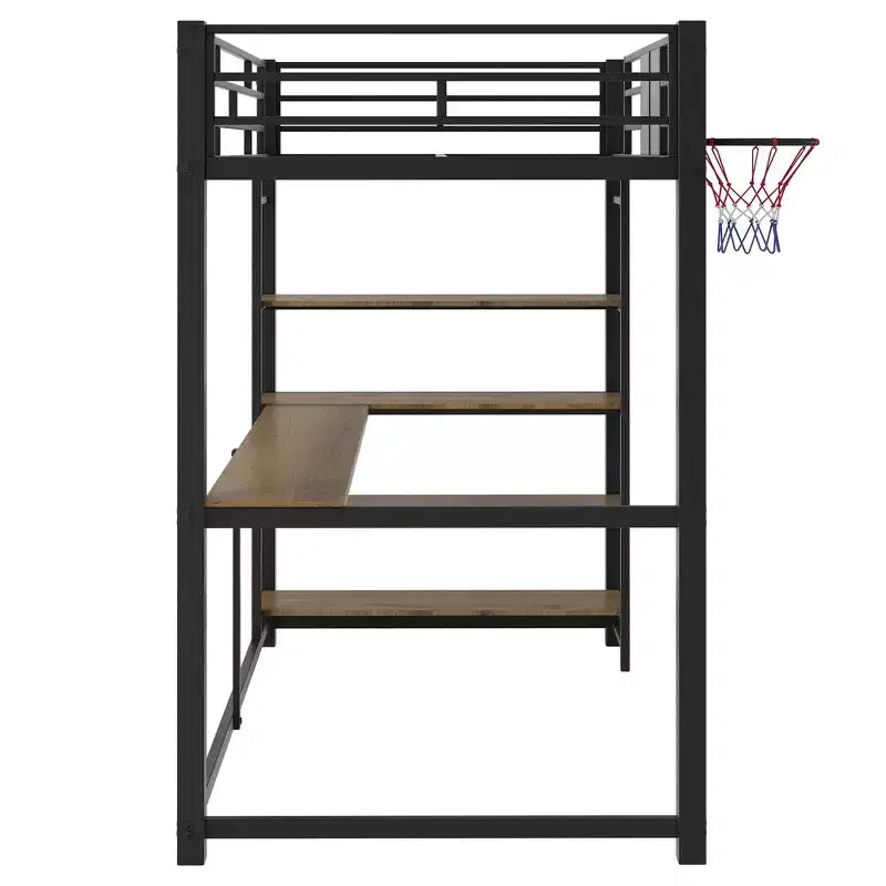 Twin Size Metal Loft Bed with Desk and Shelves, Heavy Duty Loft Bed Frame with Basketball Hoop, Black