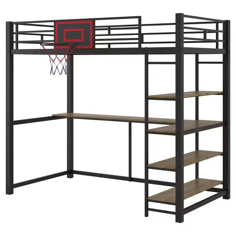 Twin Size Metal Loft Bed with Desk and Shelves, Heavy Duty Loft Bed Frame with Basketball Hoop, Black
