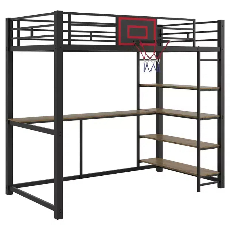 Twin Size Metal Loft Bed with Desk and Shelves, Heavy Duty Loft Bed Frame with Basketball Hoop, Black