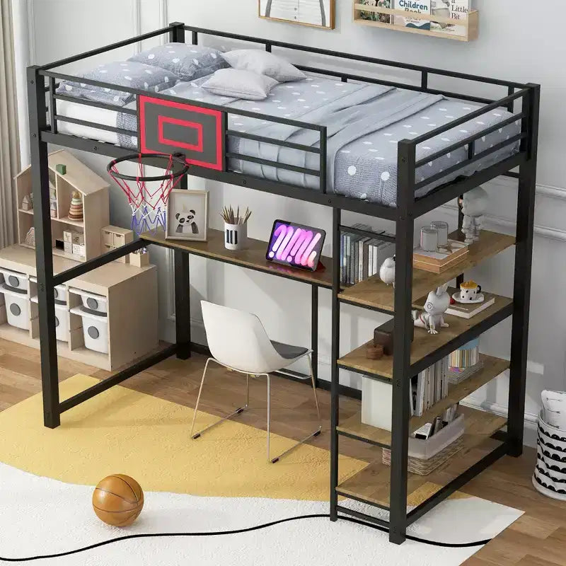 Twin Size Metal Loft Bed with Desk and Shelves, Heavy Duty Loft Bed Frame with Basketball Hoop, Black