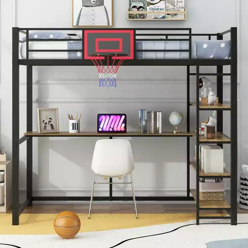Twin Size Metal Loft Bed with Desk and Shelves, Heavy Duty Loft Bed Frame with Basketball Hoop, Black