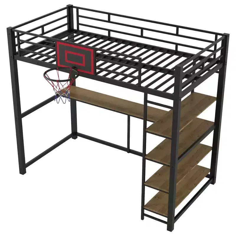 Twin Size Metal Loft Bed with Desk and Shelves, Heavy Duty Loft Bed Frame with Basketball Hoop, Black
