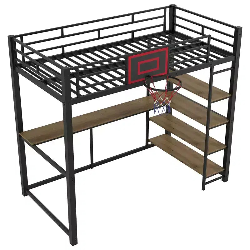 Twin Size Metal Loft Bed with Desk and Shelves, Heavy Duty Loft Bed Frame with Basketball Hoop, Black
