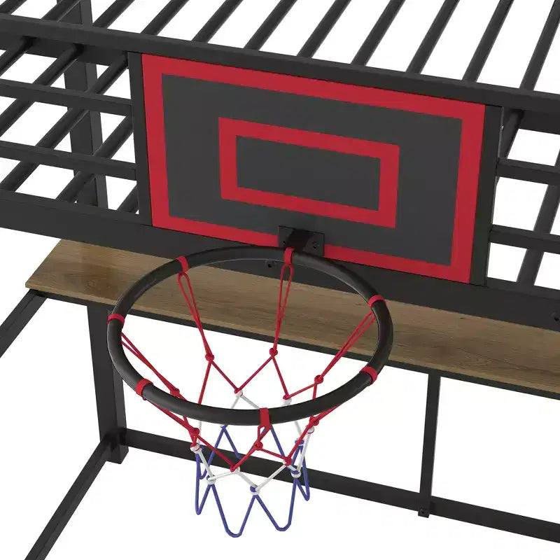 Twin Size Metal Loft Bed with Desk and Shelves, Heavy Duty Loft Bed Frame with Basketball Hoop, Black