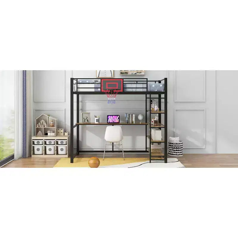 Twin Size Metal Loft Bed with Desk and Shelves, Heavy Duty Loft Bed Frame with Basketball Hoop, Black