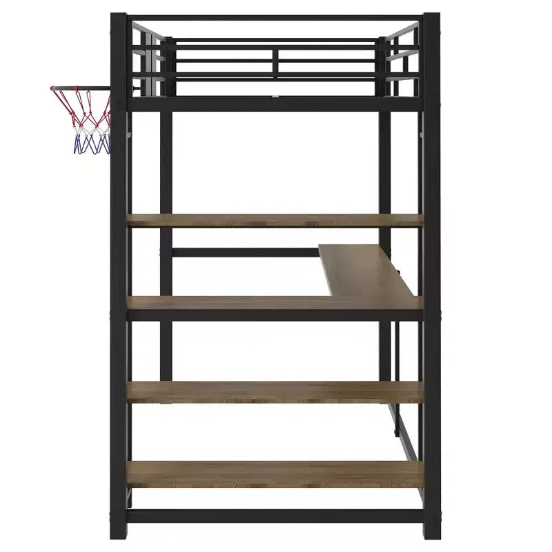Twin Size Metal Loft Bed with Desk and Shelves, Heavy Duty Loft Bed Frame with Basketball Hoop, Black